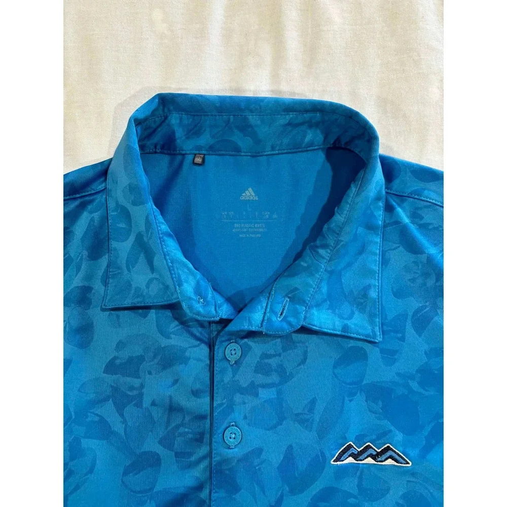 Adidas Mens Blue Tonal Leaf Print Golf Polo Shirt Large Mountain Logo Short Slv‎